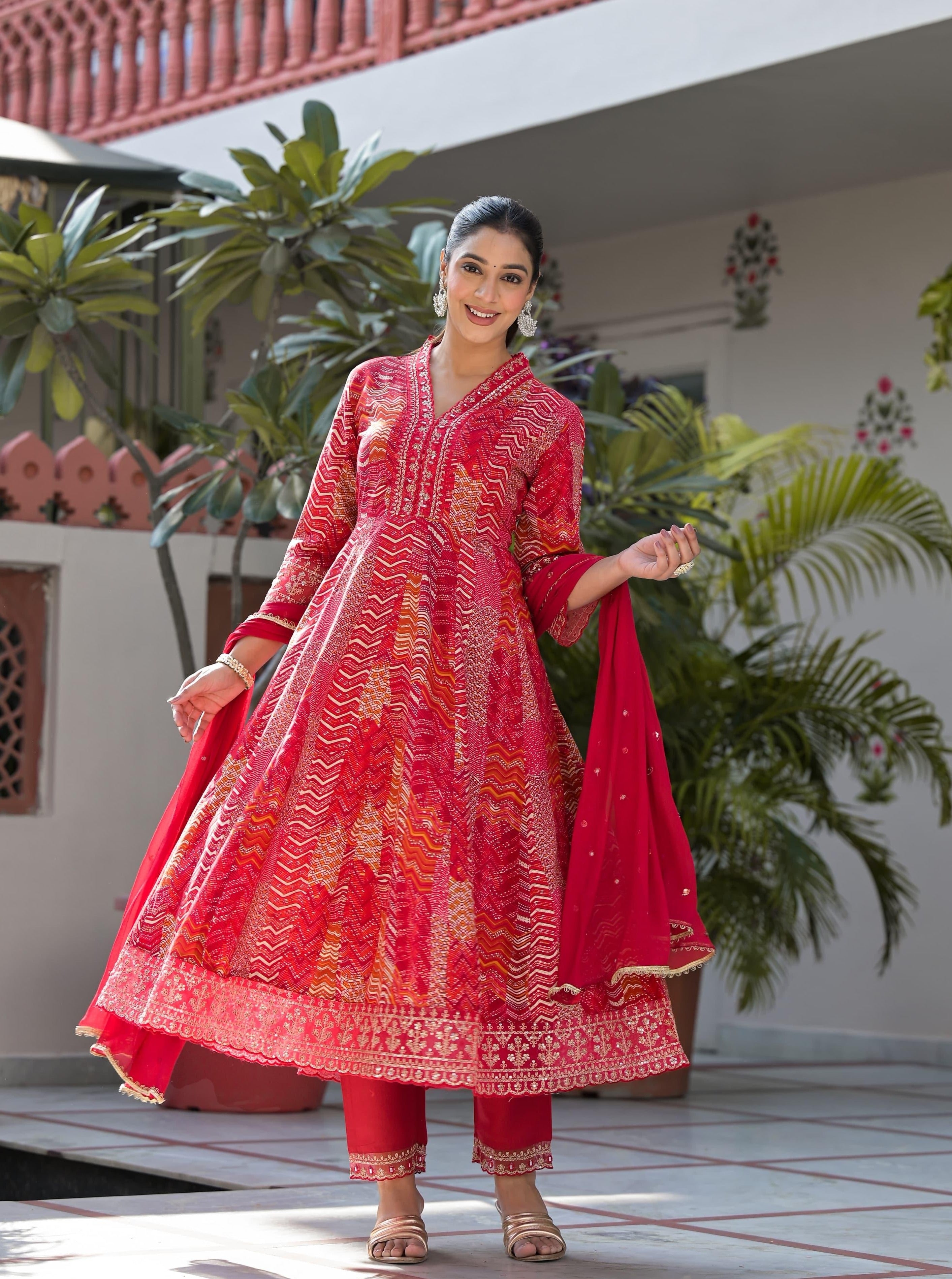 Ditya Block Printed Red Pakistani Anarkali Suit Set