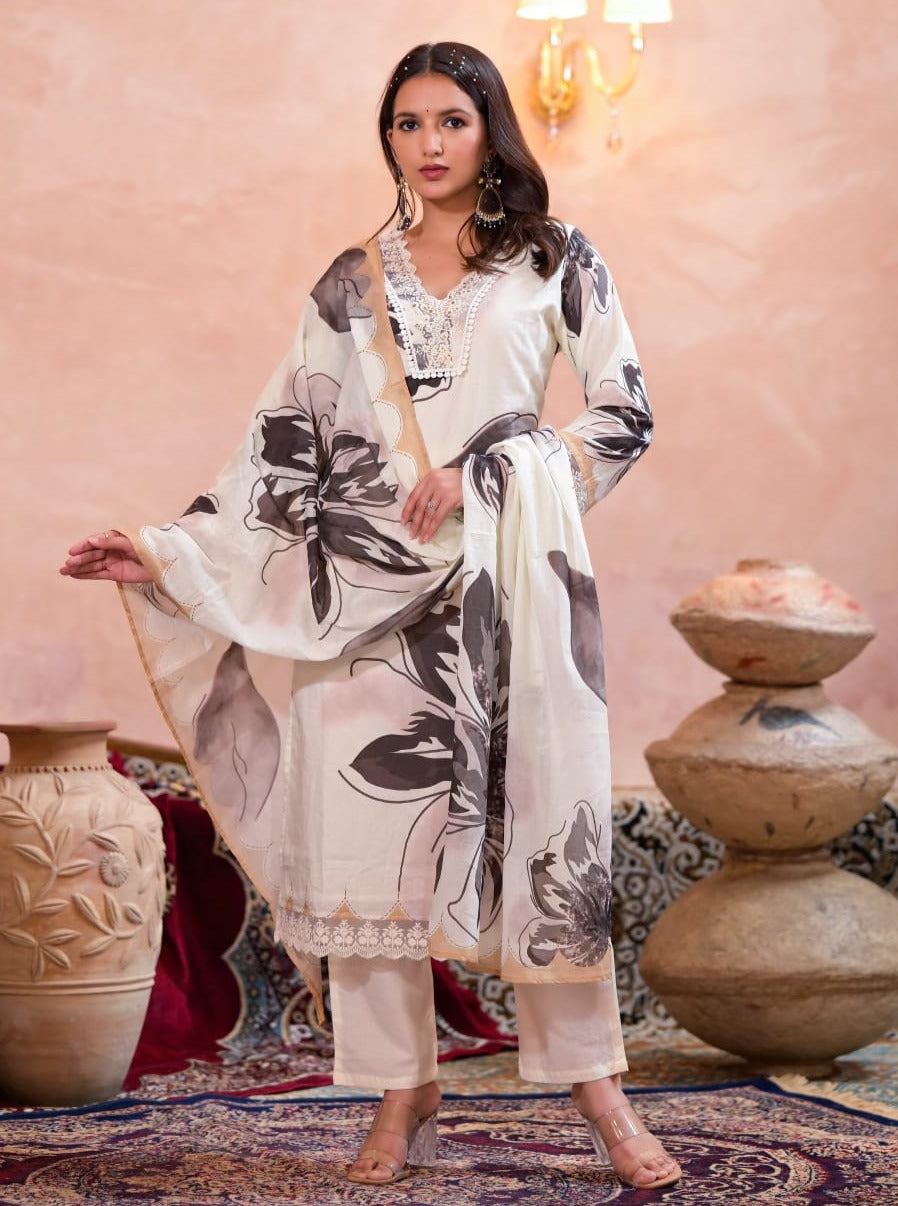 Aashna Floral Printed B&W Pakistani Straight Suit Set