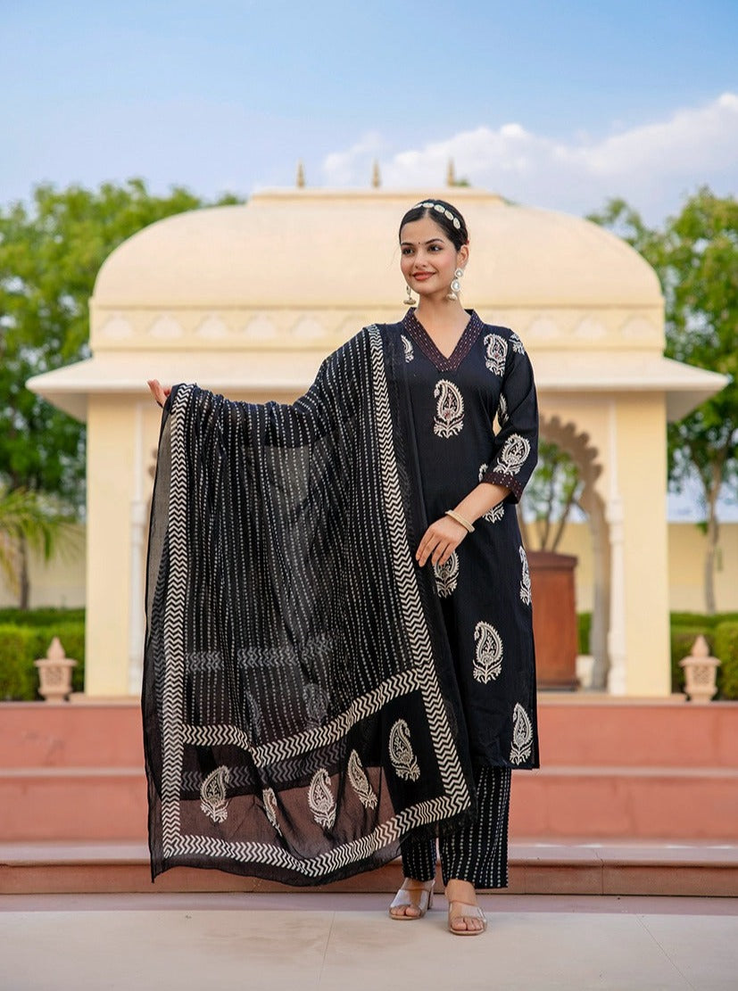 Kripa Block printed Black Straight Suit Set