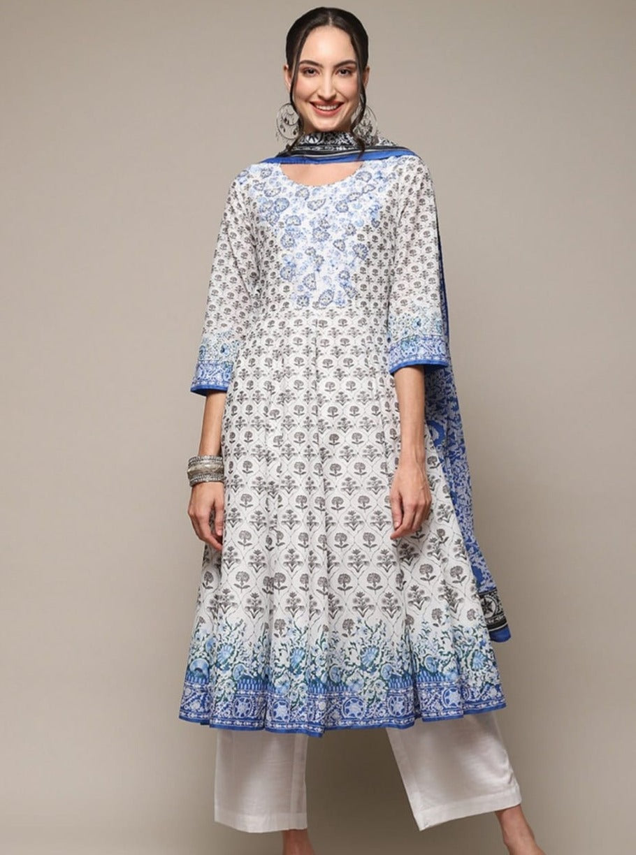 Ditya Block Printed Blue White Frock Suit Set