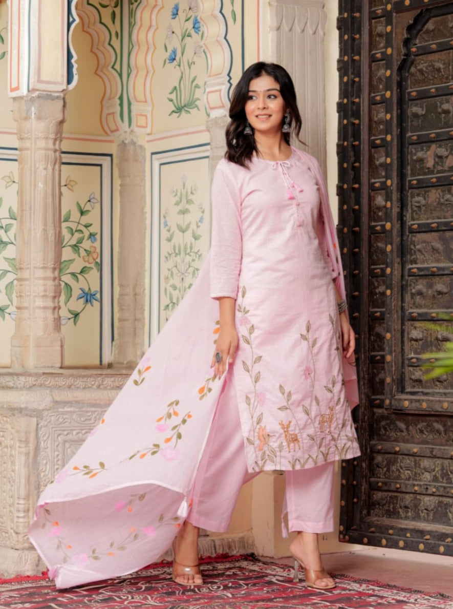 Kishaa Hand Embroidered Baby Pink Straight Suit Set