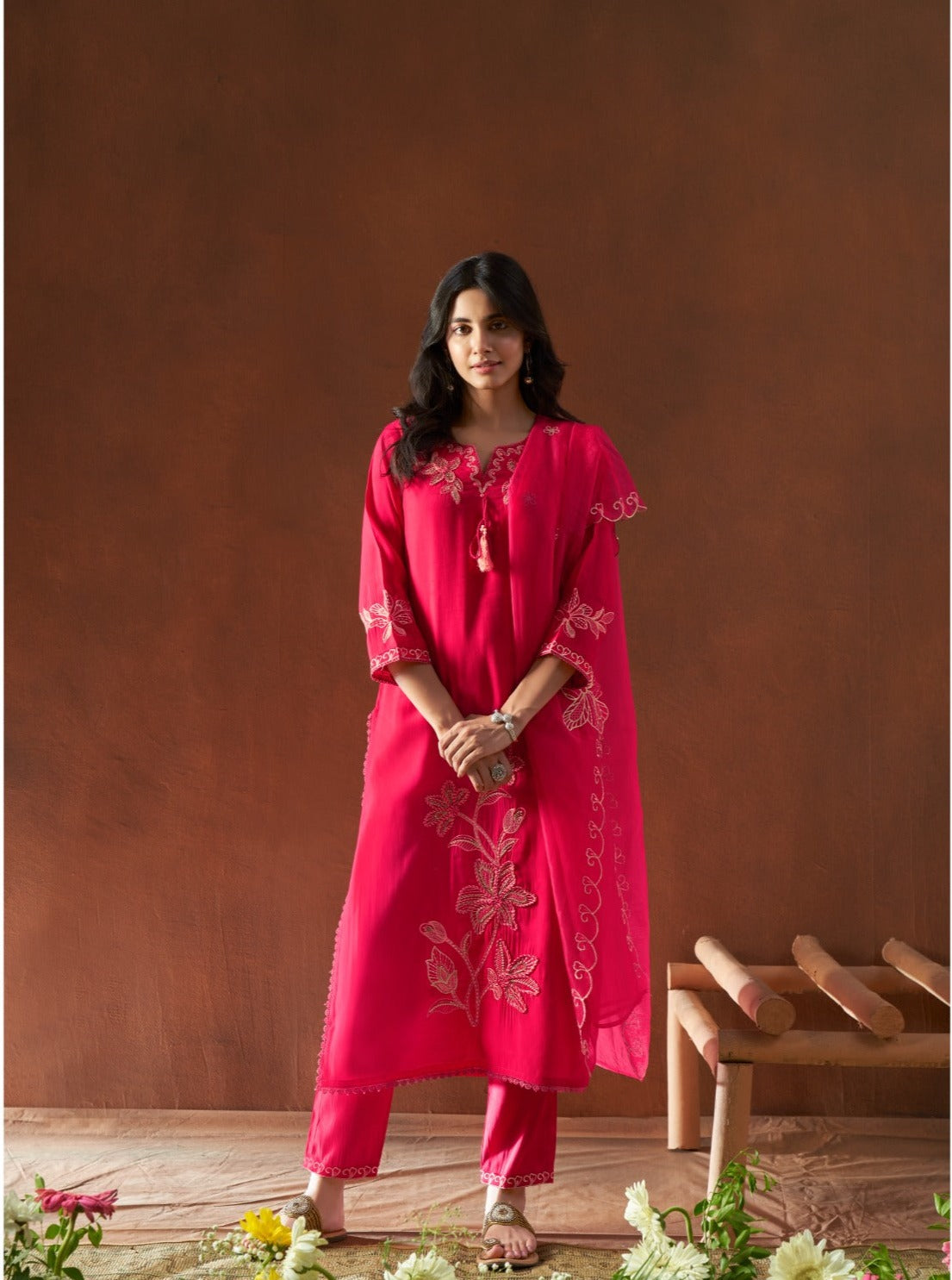 Kishaa Hand Embroidered Pink Straight Suit Set