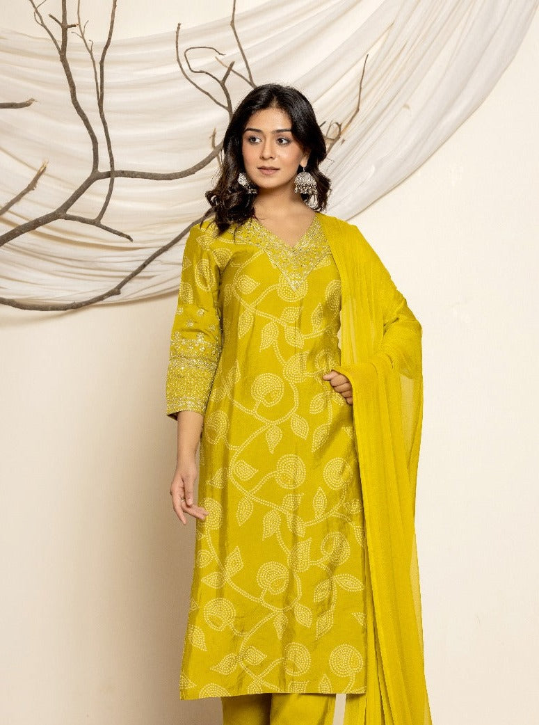 Navya Bandhani Printed Greenish Straight Suit Set