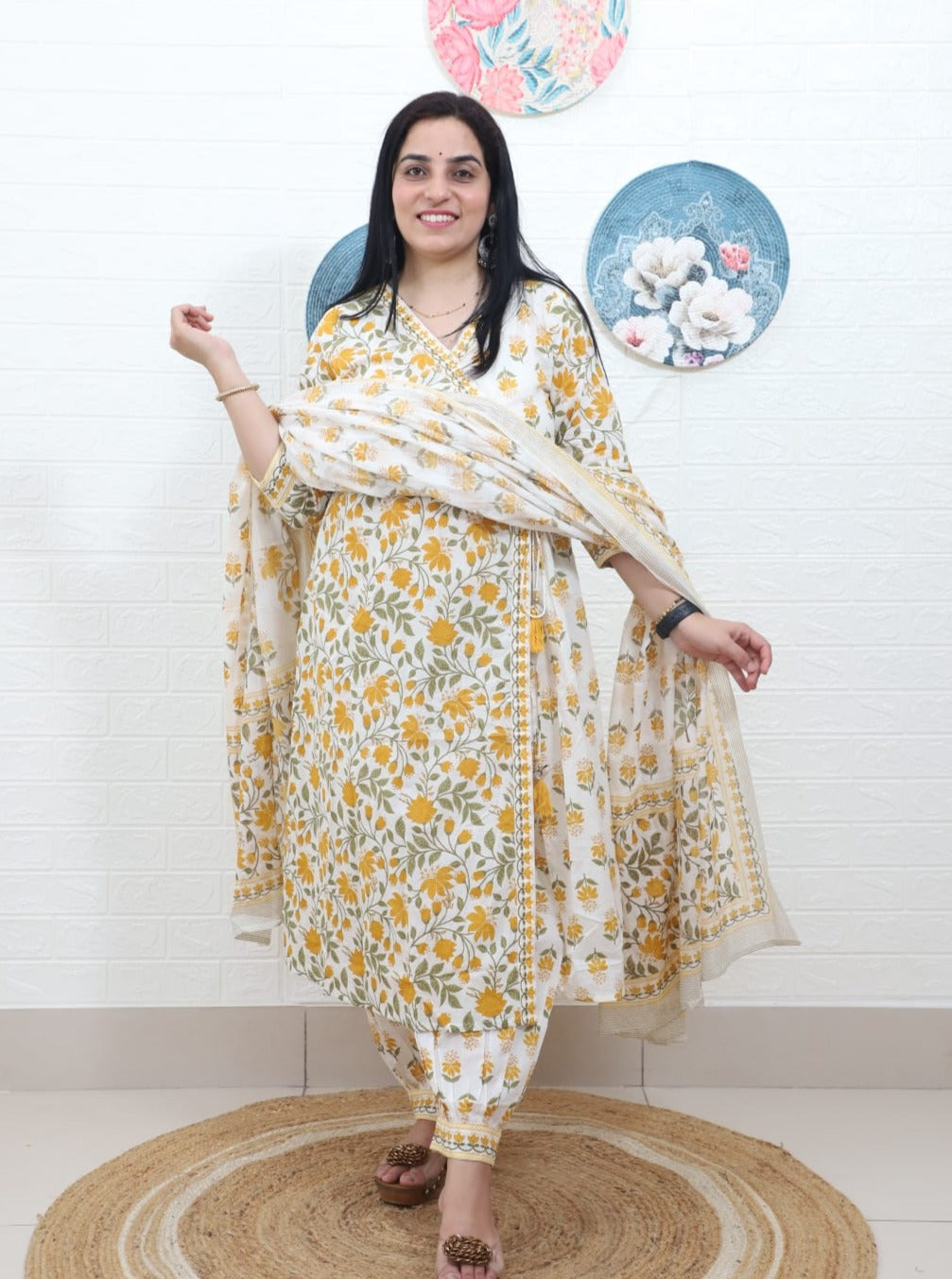 Kishaa Floral Printed Yellow Angrakha Afghani Suit Set