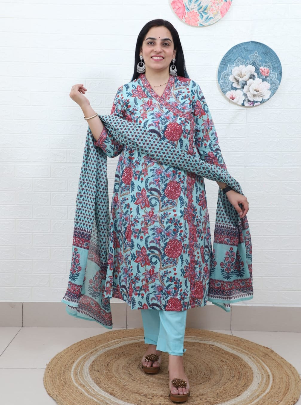 Kishaa Floral Printed Blue Angrakha Straight suit set