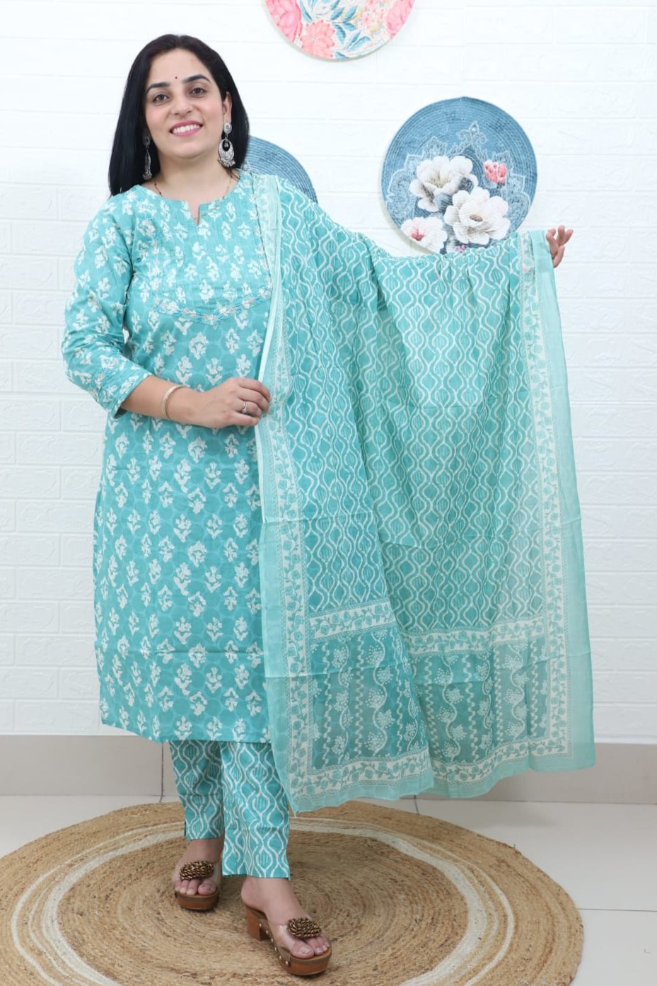 Gauri Block Printed Green Straight Suit Set