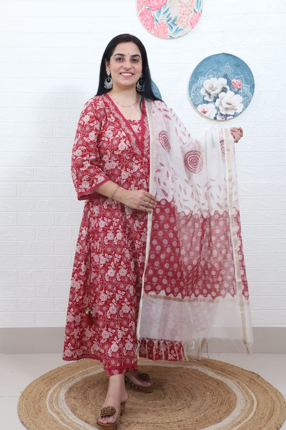 Rutwi Block Printed Red Anarkali Suit Set