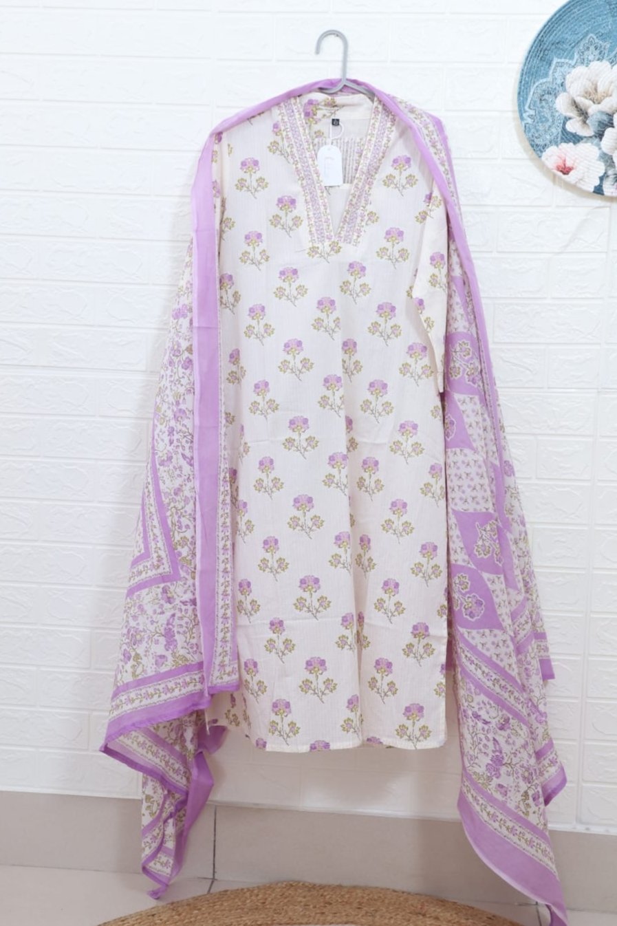 Tanya Block Printed White and Lavender Straight Suit Set