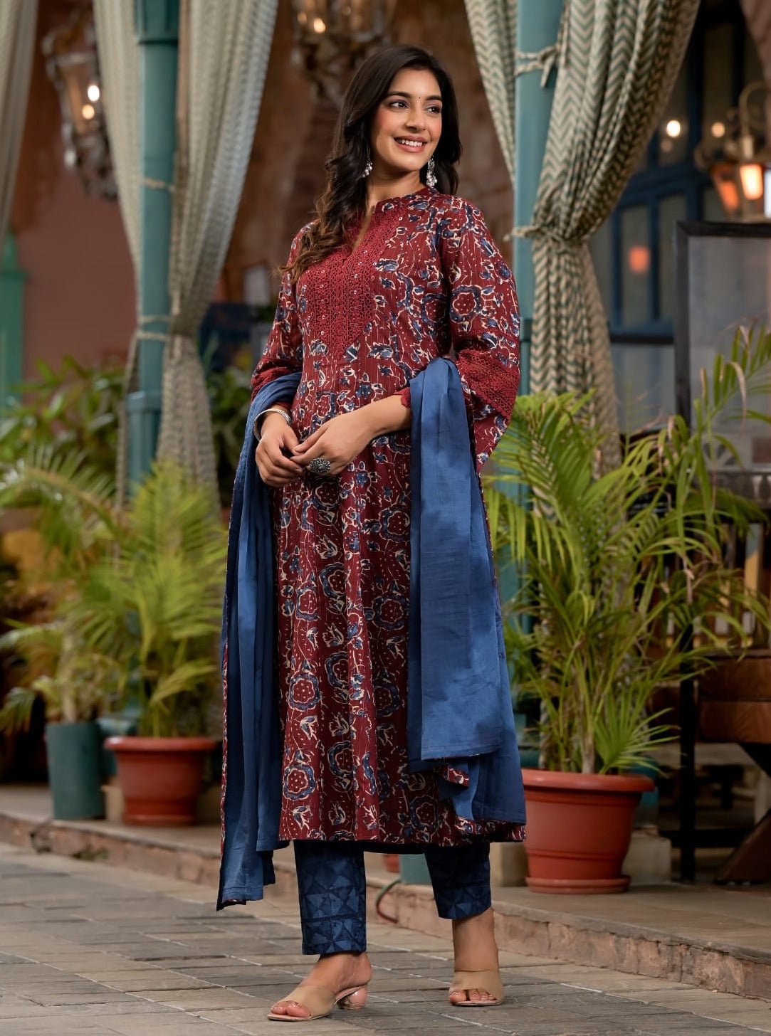 Khushi Block Printed Maroon Pakistani Anarkali Suit Set