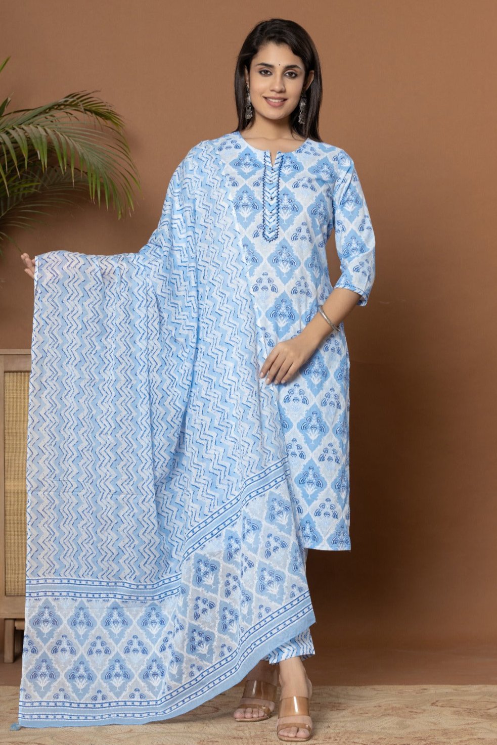 Tanya Block Printed Sky Blue Straight Suit Set