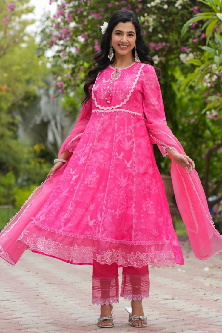 Rutwi Floral Printed Pink Pakistani Anarkali Suit Set