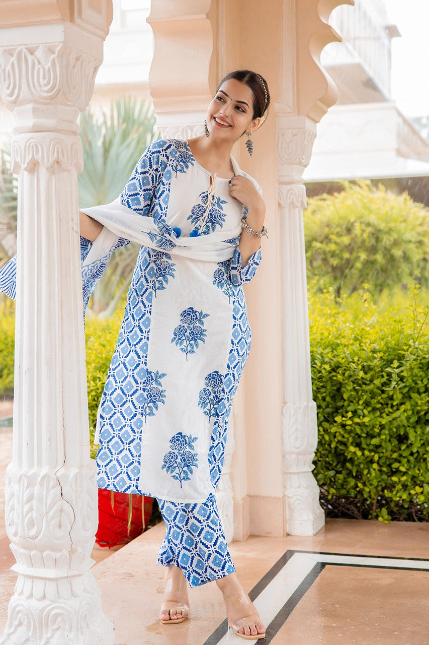 Gauri Block Printed White and Blue Straight Suit Set