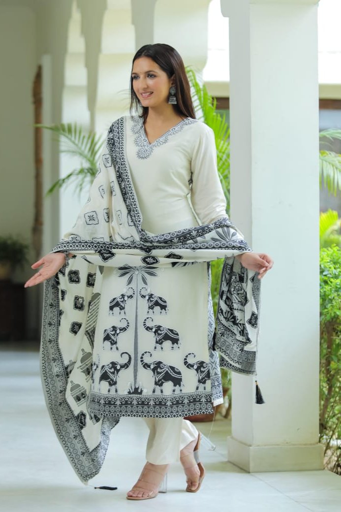 Aashna Elephant Motives B&W Pakistani Straight Suit Set