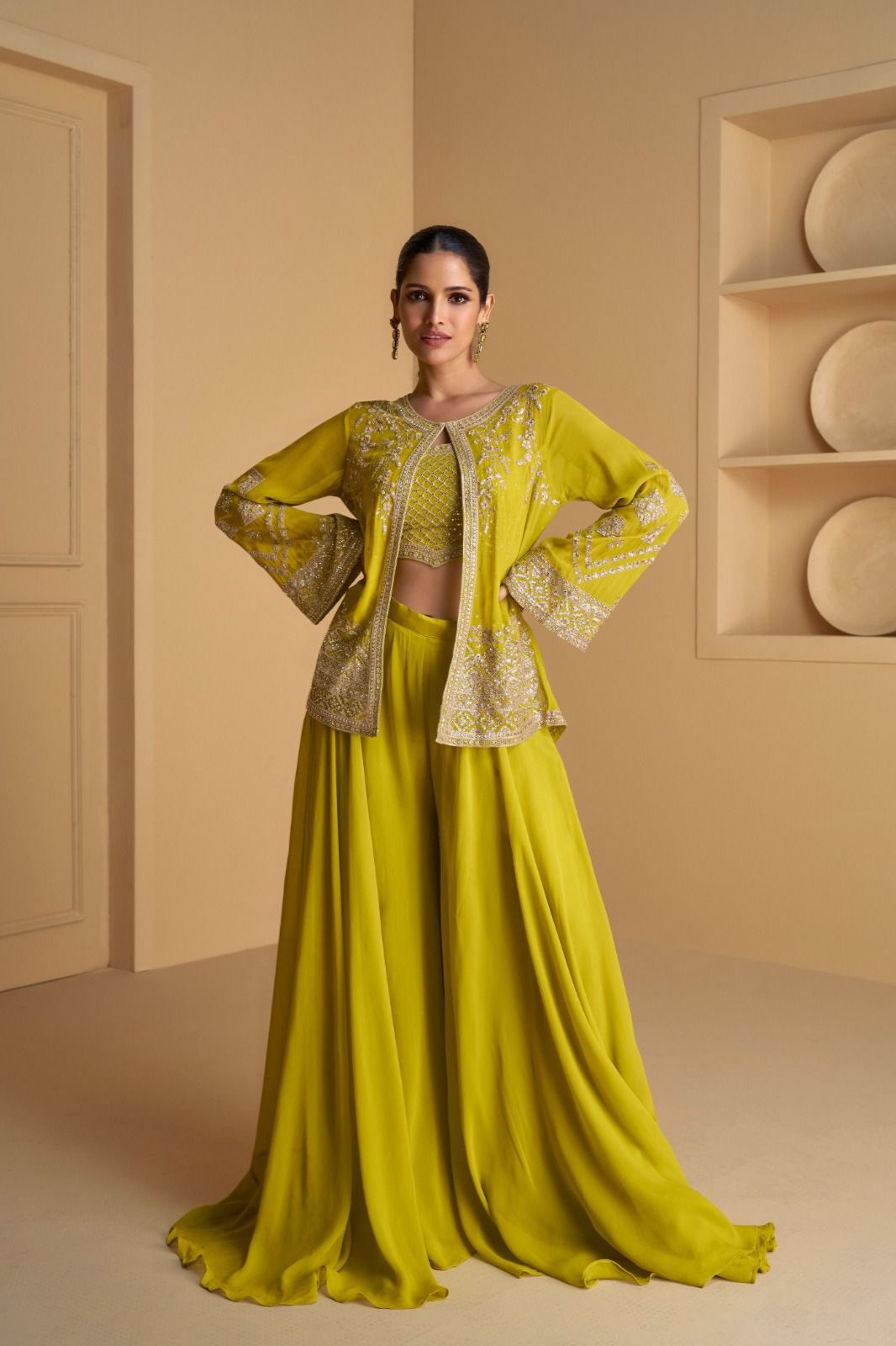 Amaya Hand Embroidered Mustard Indo Western Set