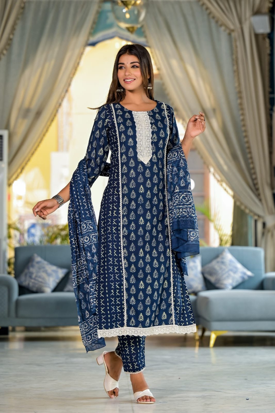 Tanya Block Printed Indigo Straight Suit Set