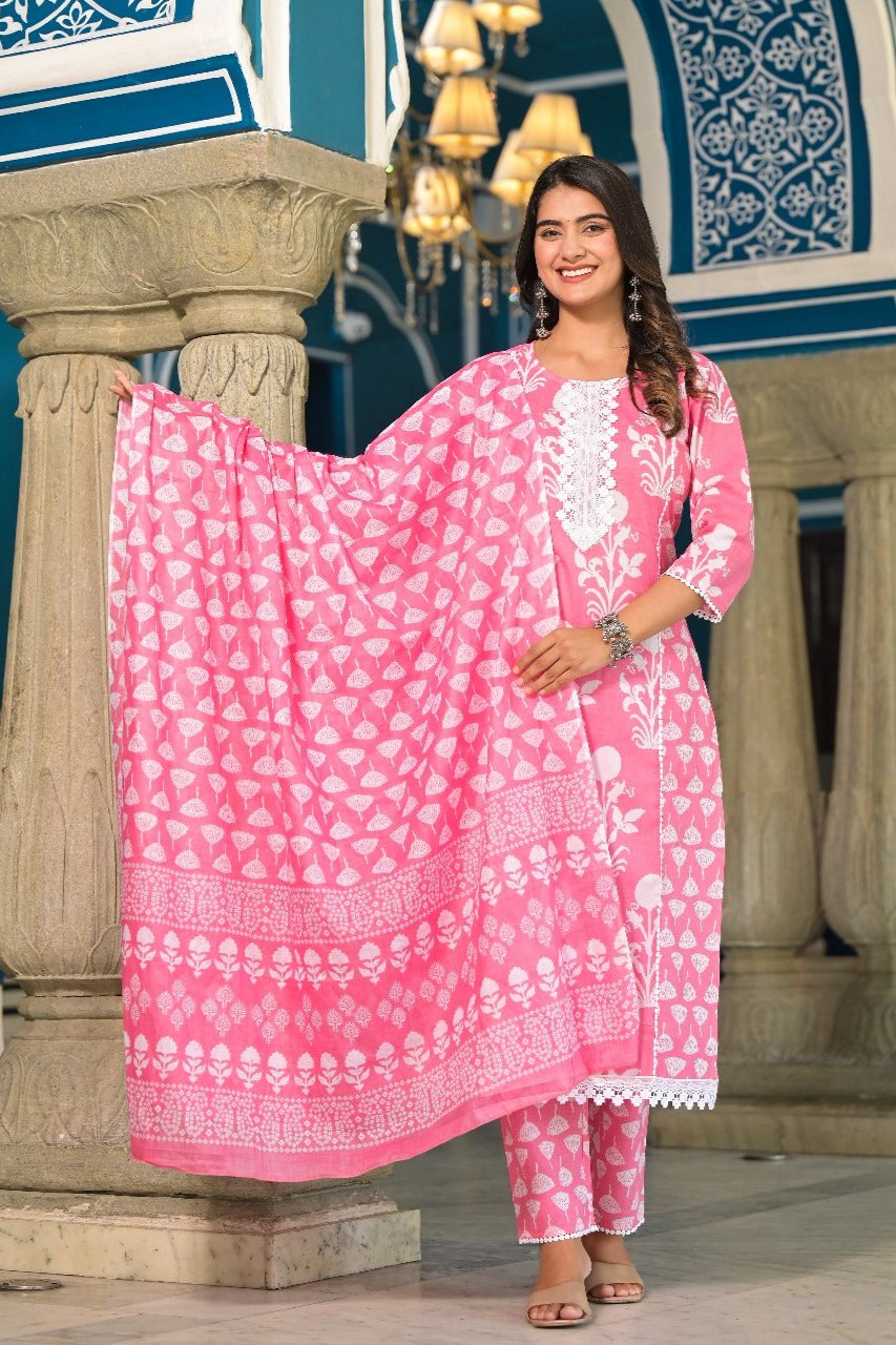 Tanya Block Printed Pink Straight Suit Set