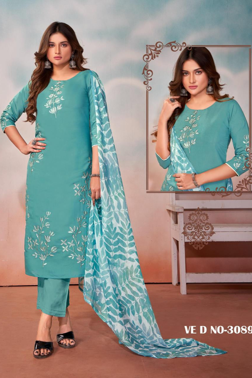 Kiara Greenish Blue Embroidered Straight Suit Set