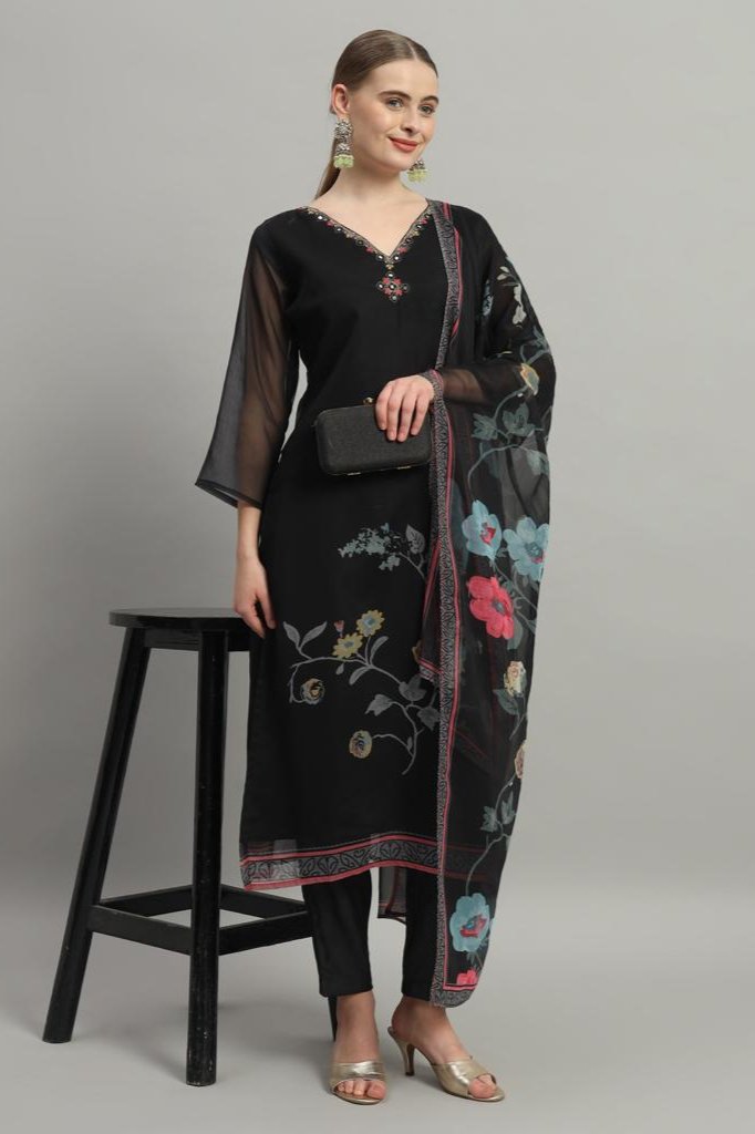 Aarohi Black Floral Straight Suit Set