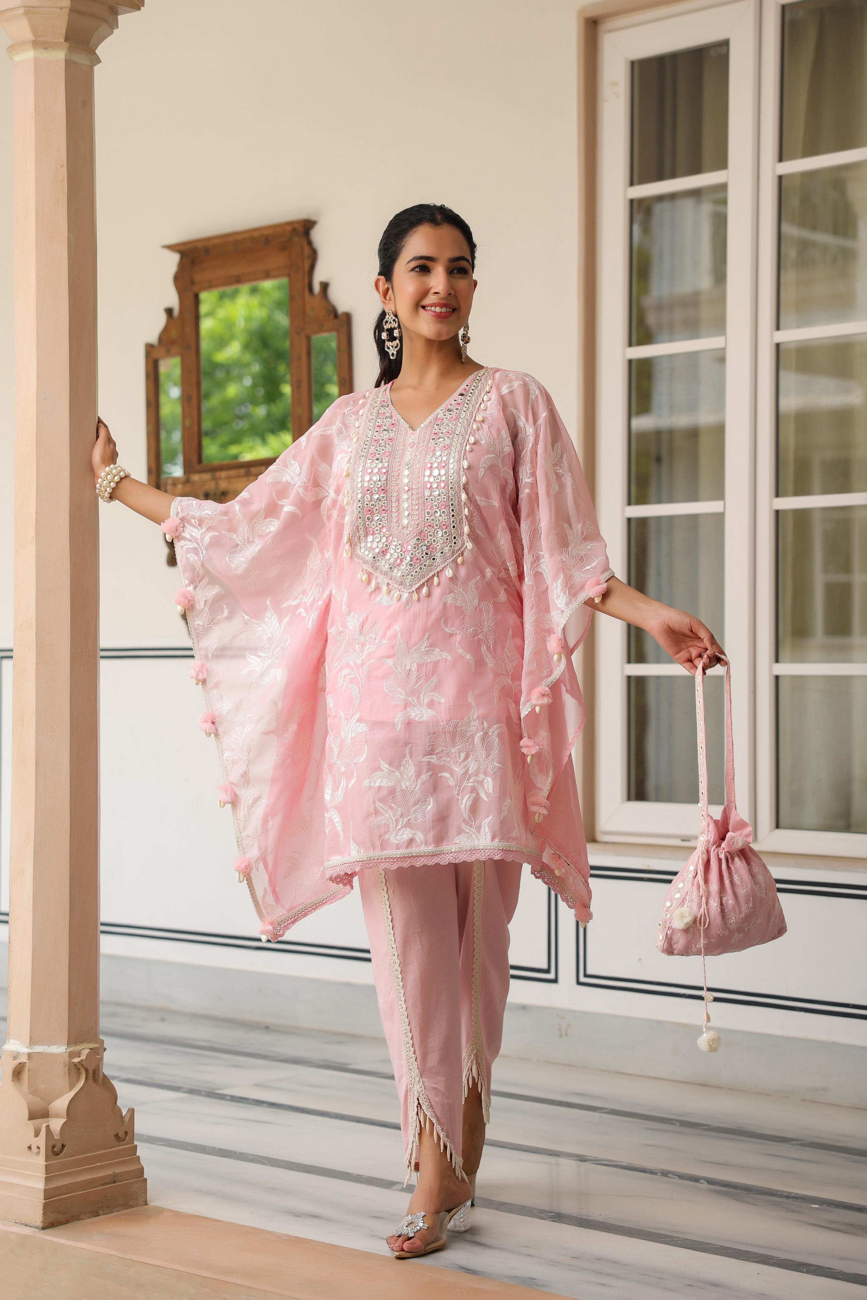 Amaya Pink Embroidered Kaftan Co-Ord Set with Potli