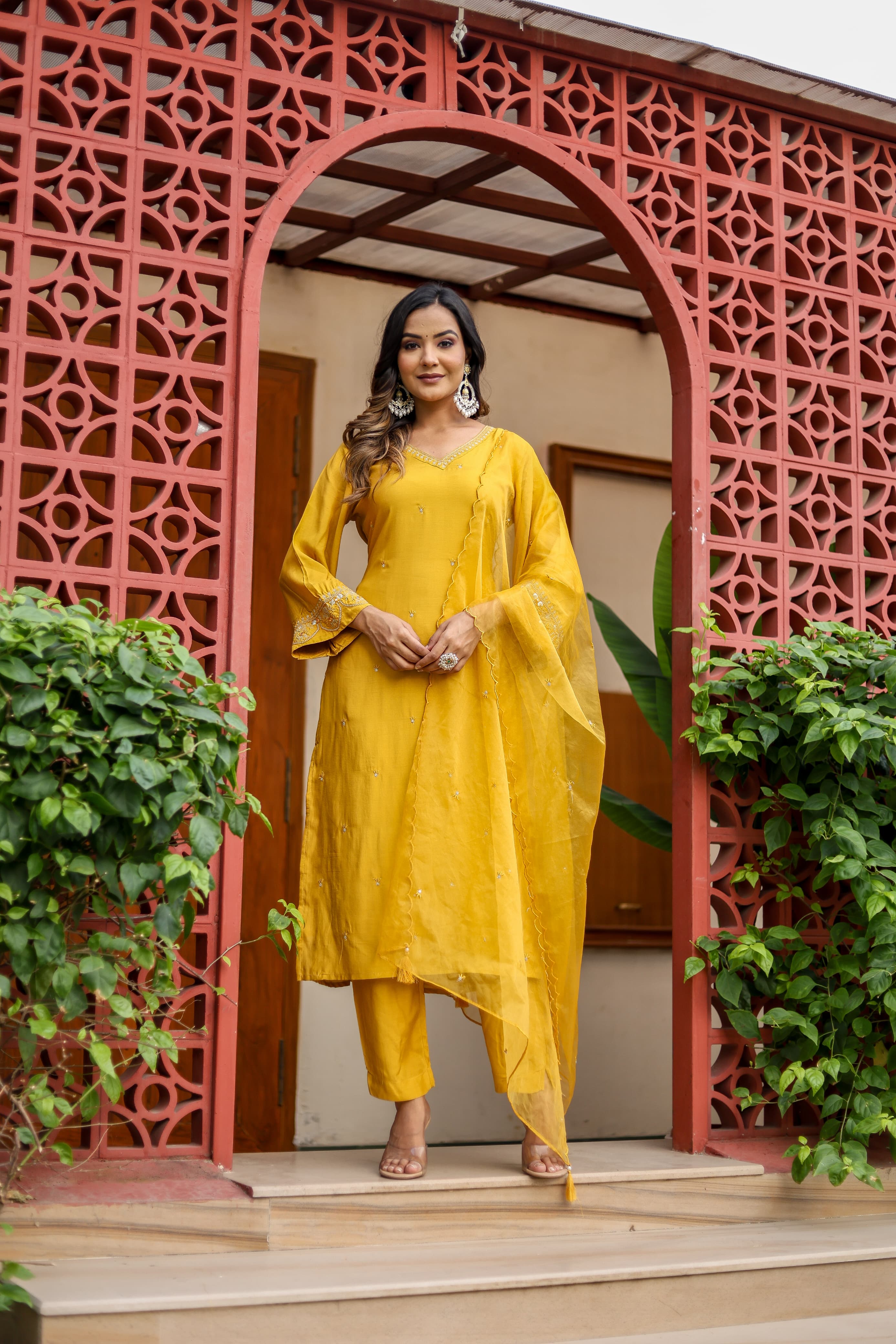 Ramya Solid Yellow Embroidered Straight Suit Set