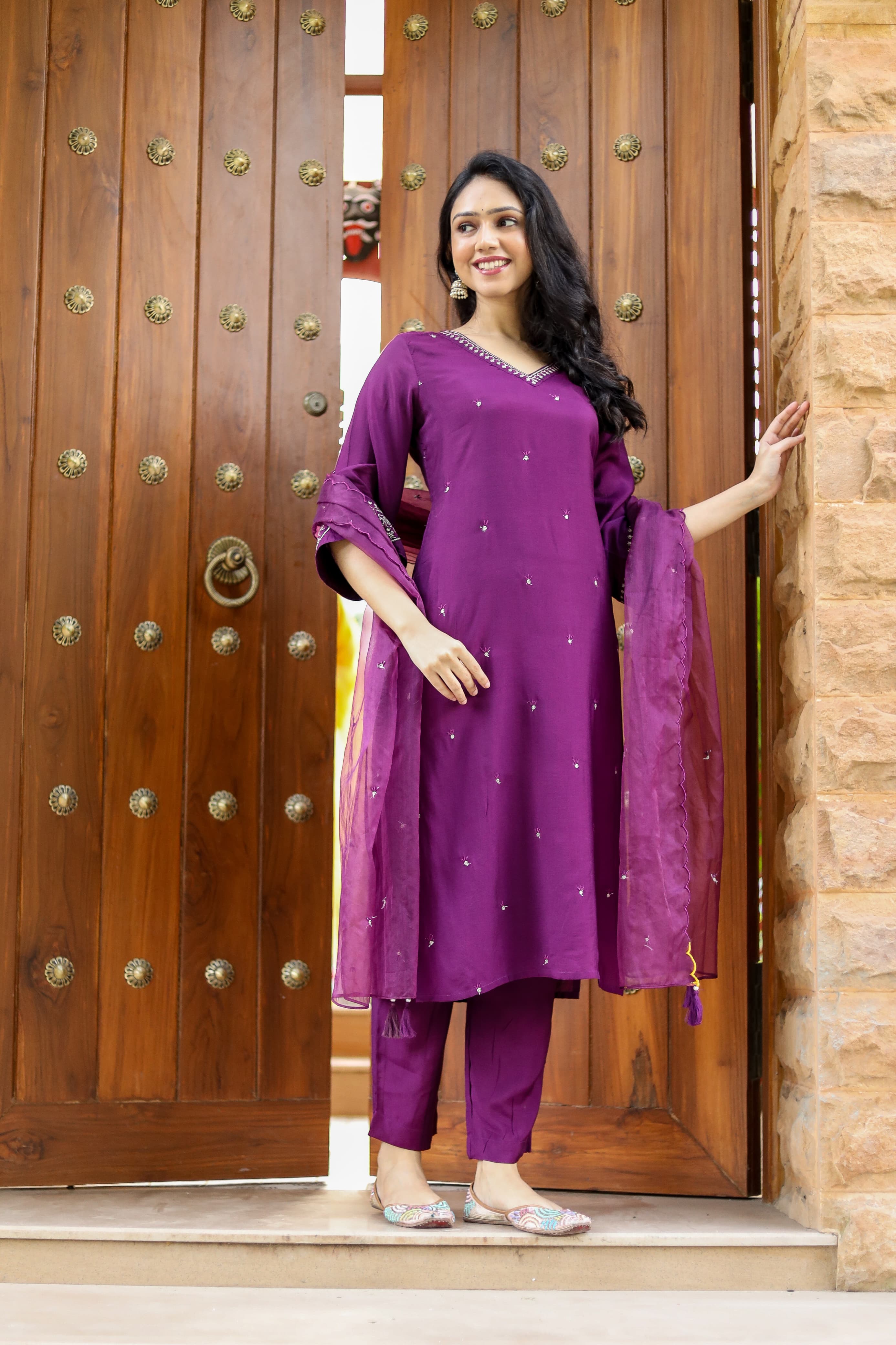 Ramya Solid Purple Embroidered Straight Suit Set