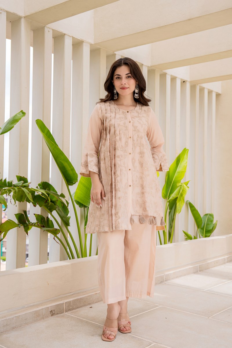 Neeti Solid thread Embroidered Beige Co-Ord Set