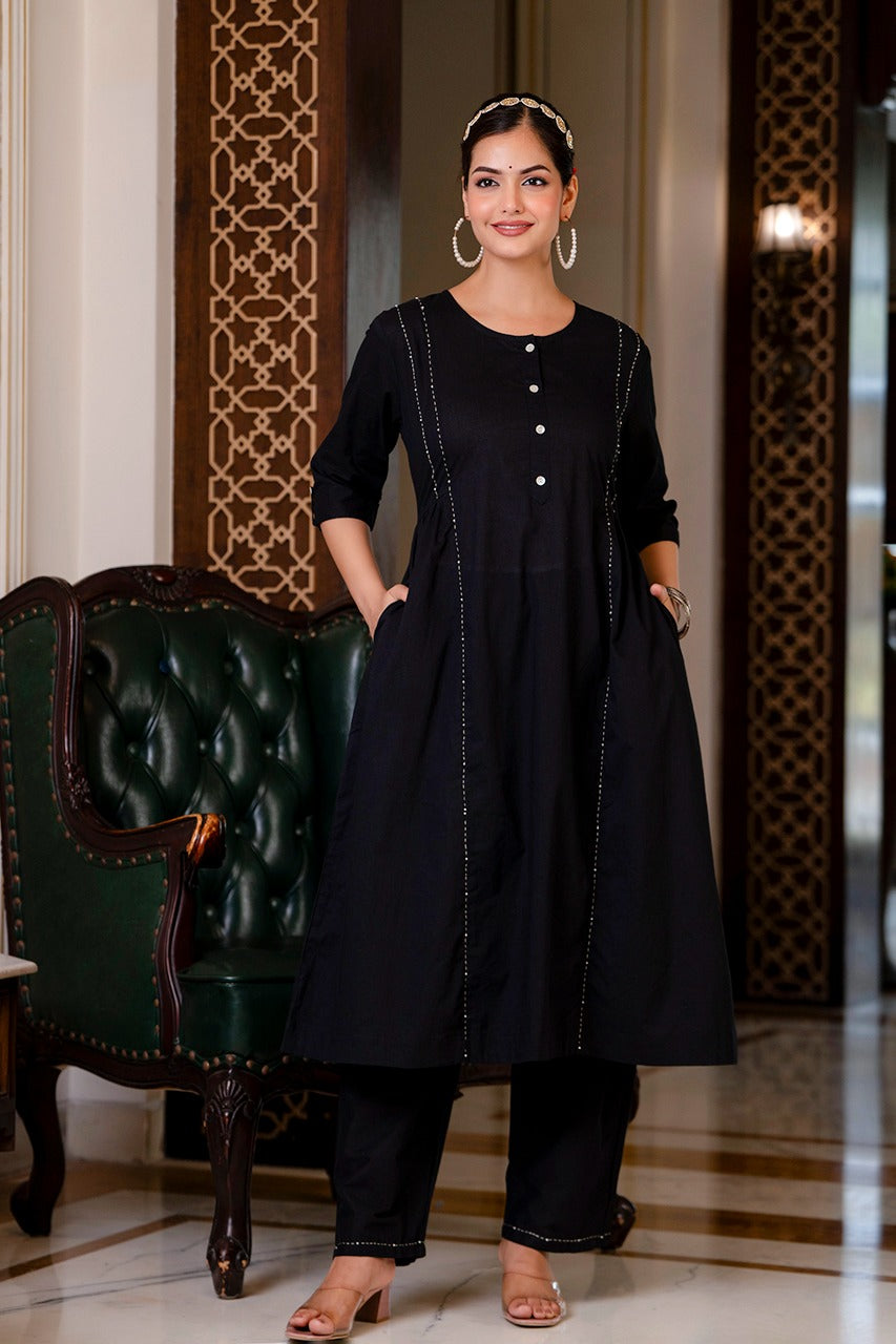 Shehnaz Solid katha work Black Co-Ord Set