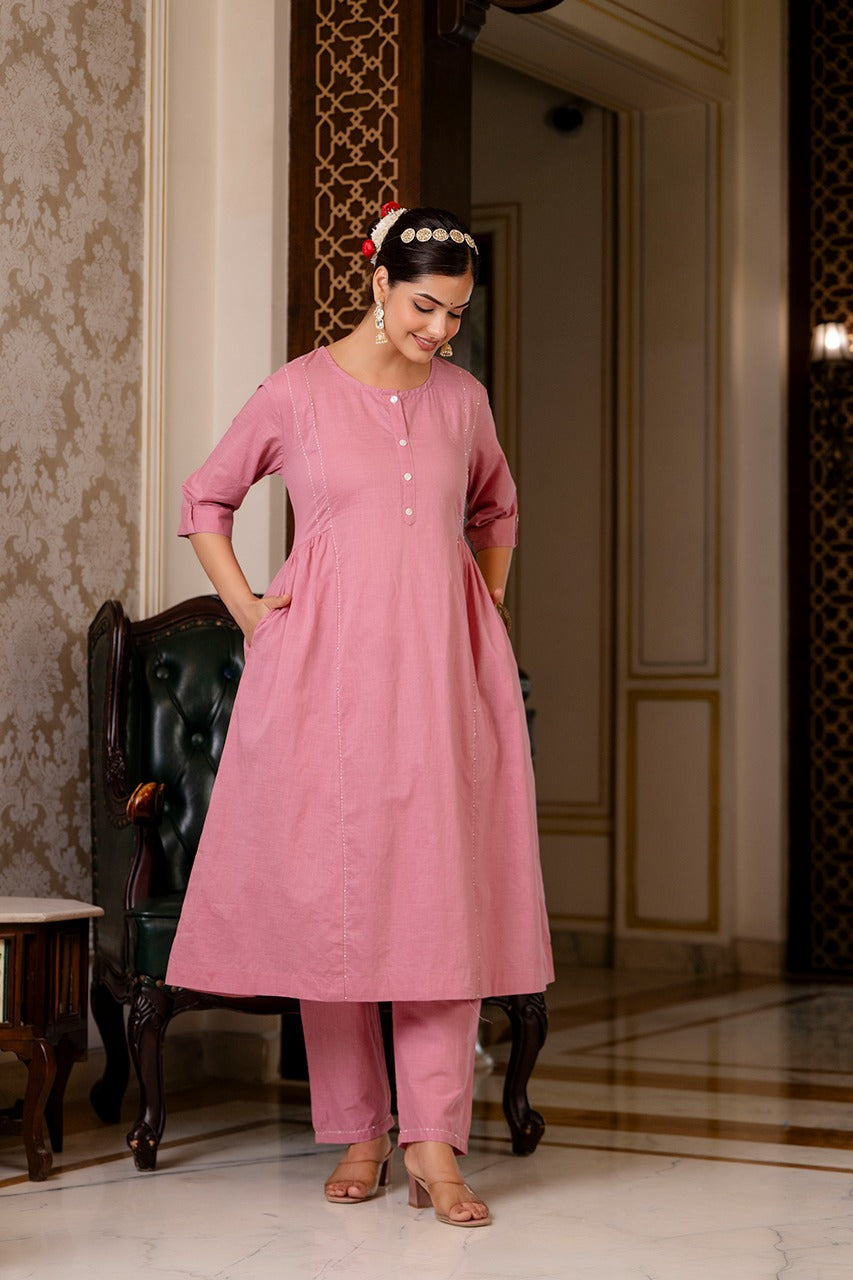 Shehnaz Solid katha work Pink Co-Ord Set