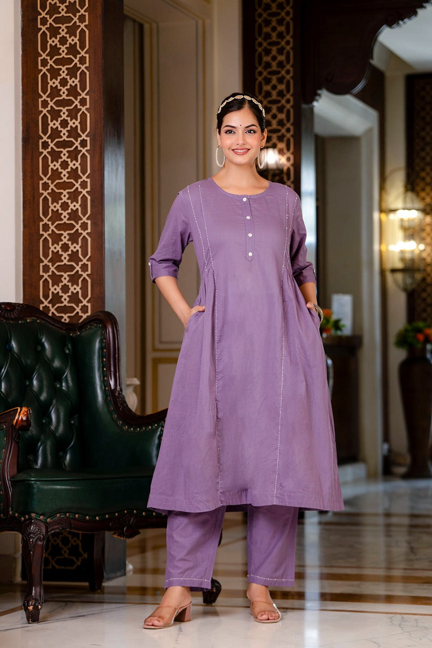 Shehnaz Solid katha work Lavender Co-Ord Set