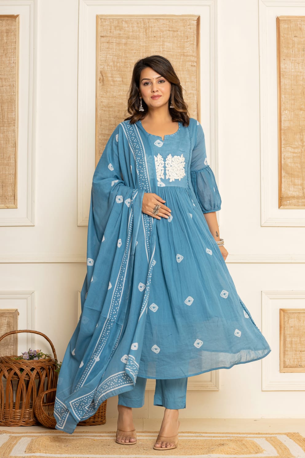 Ramya Solid Blue Embroidered Frock suit set