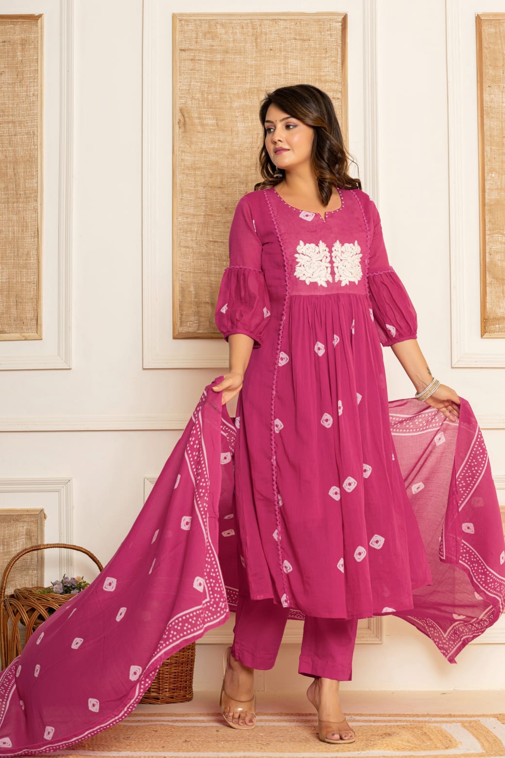 Ramya Solid Rani Pink Embroidered Frock suit set