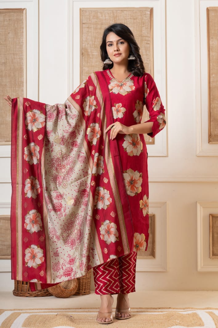 Kishori Floral Printed Red Straight Suit Set