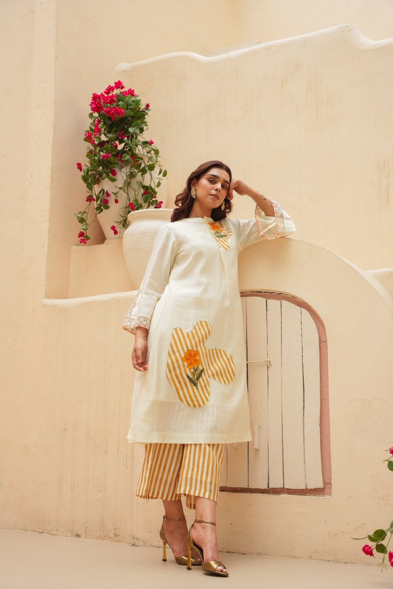 Shehnaz Off white yellow striped coord set