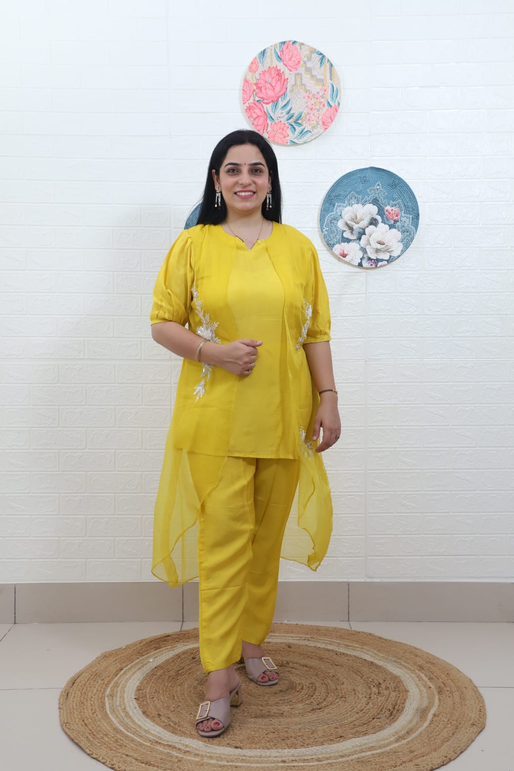 Aditi Solid Yellow Hand embroidered Coord set