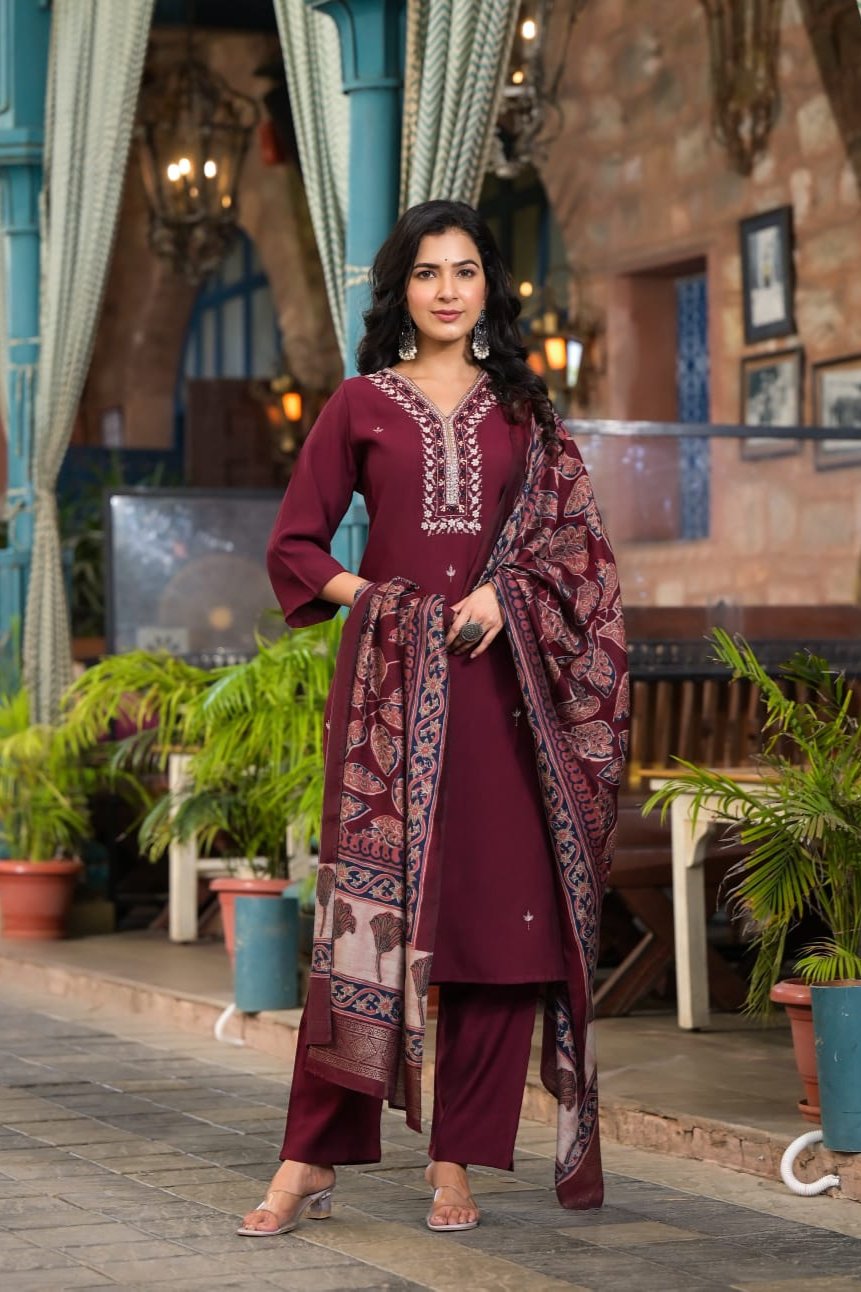 Kishori Zari Embroidered Maroon Straight Suit Set