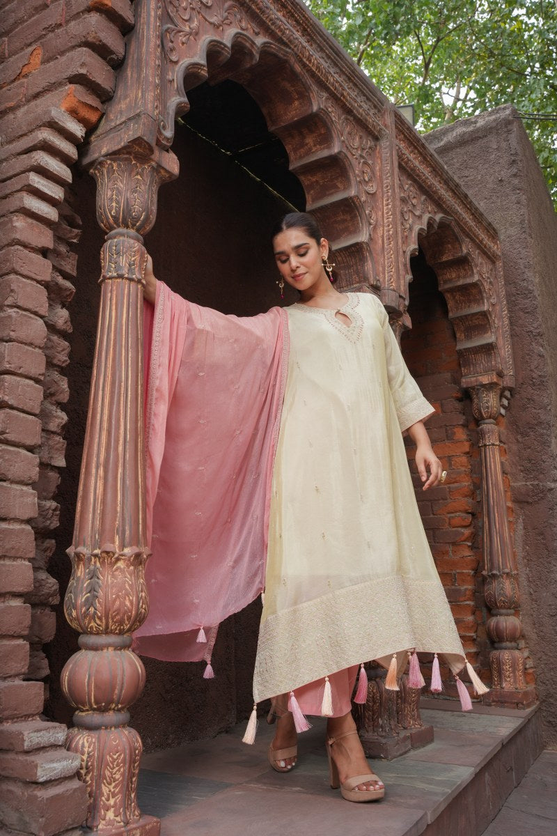 Aditi Beige And Pink Shimmer Suit Set