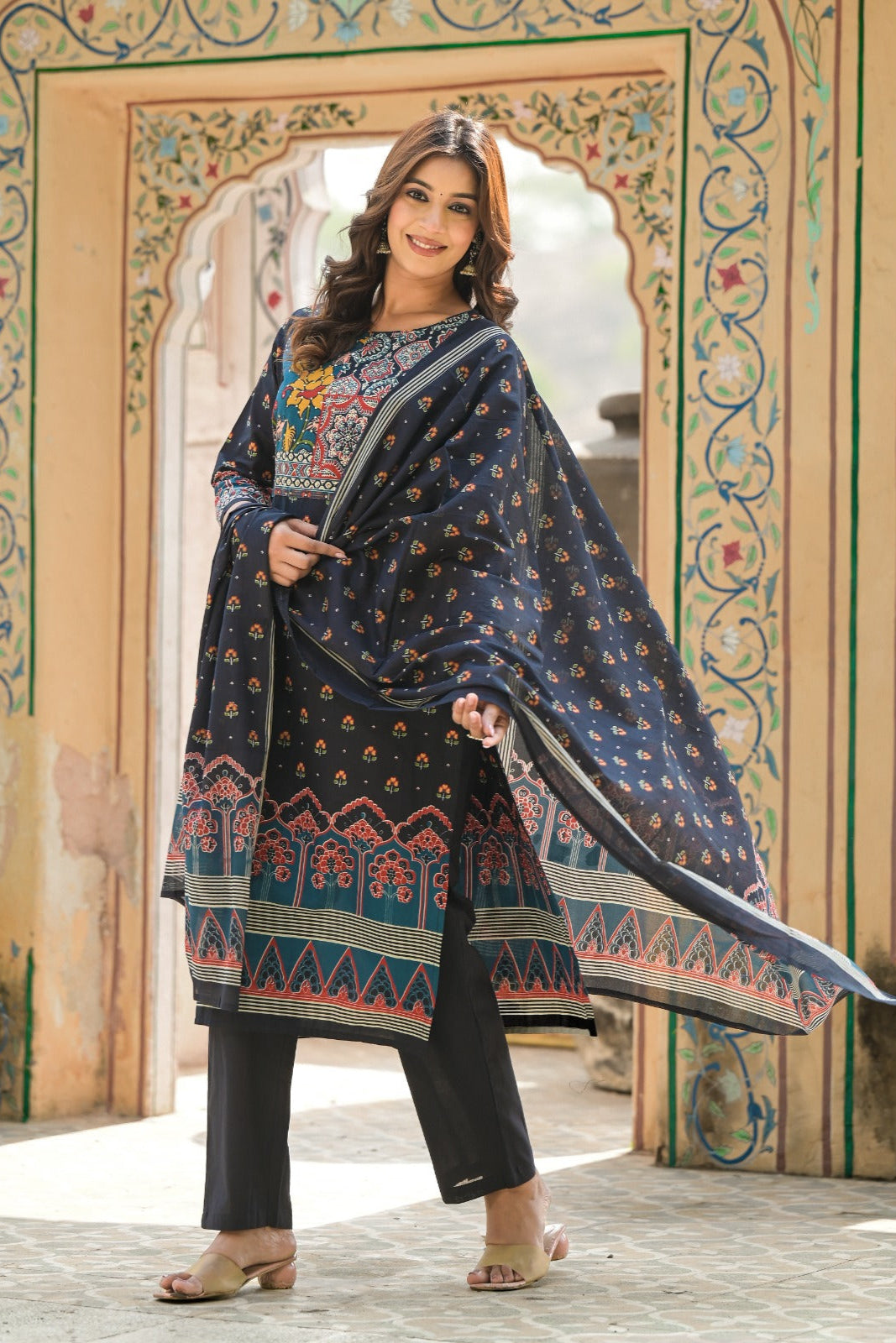 Apurva Ajrakh Block Printed Black Straight Suit Set