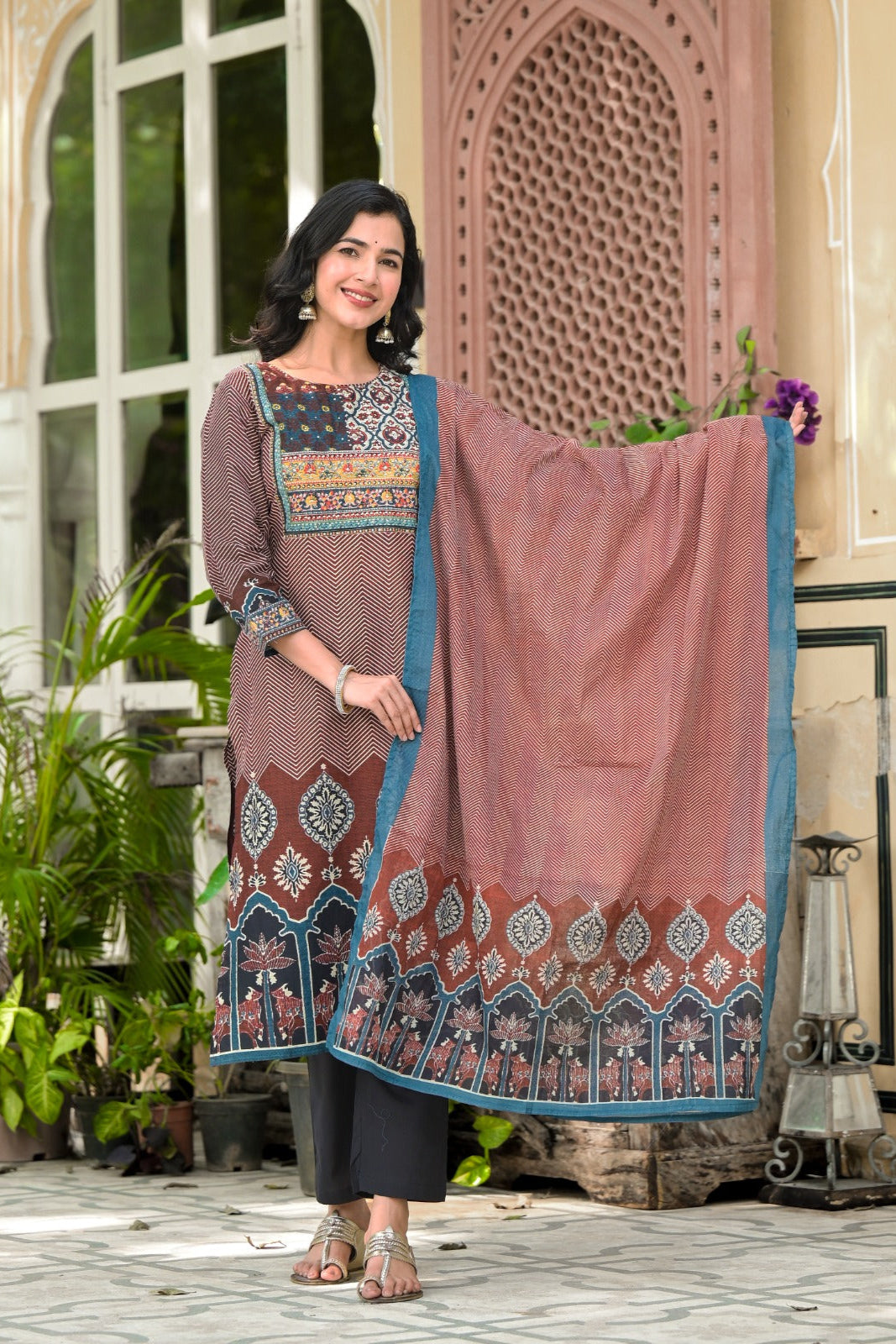 Apurva Ajrakh Block Printed Maroon Straight Suit Set