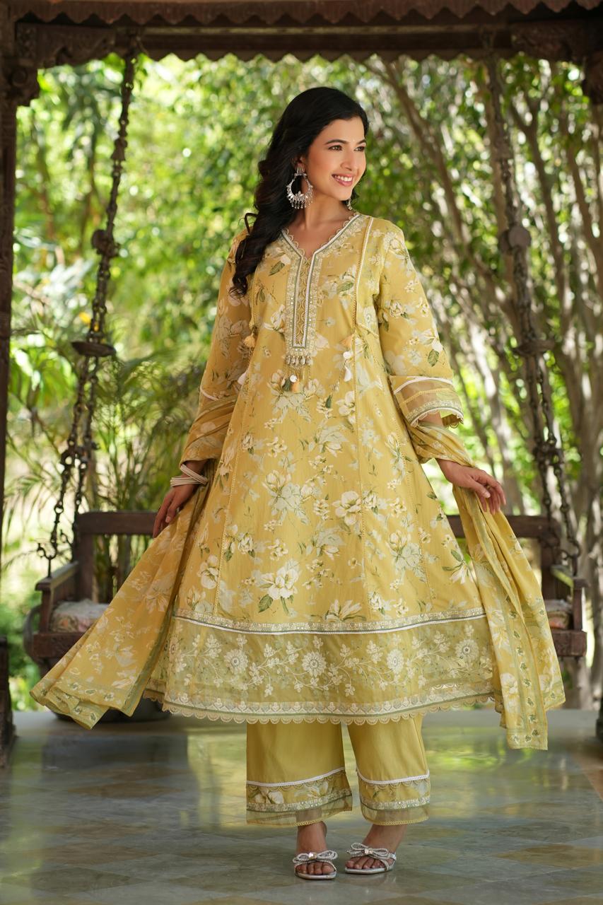 Rutwi Floral Printed Greenish Yellow Pakistani Anarkali Suit Set