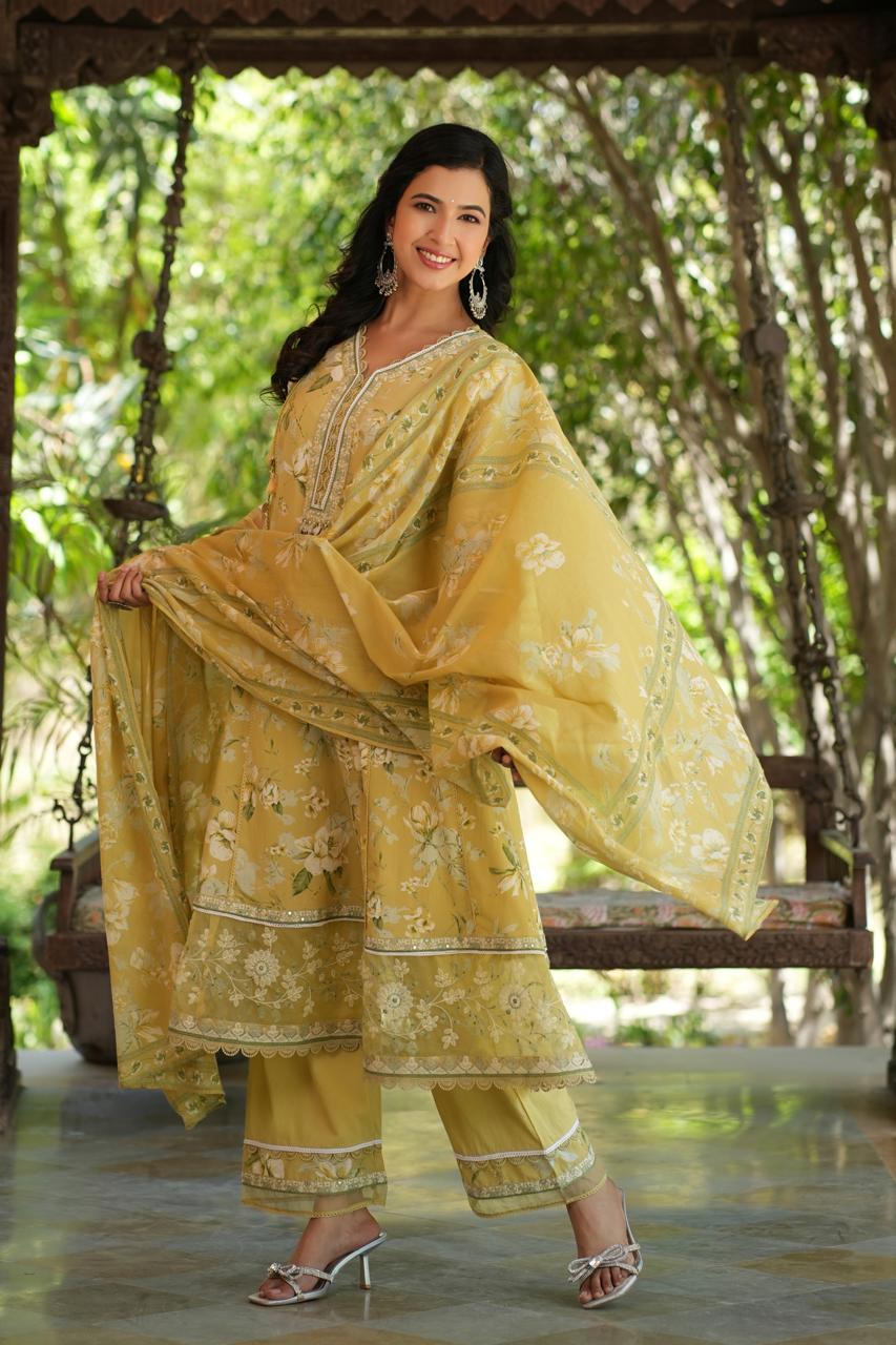 Rutwi Floral Printed Greenish Yellow Pakistani Anarkali Suit Set