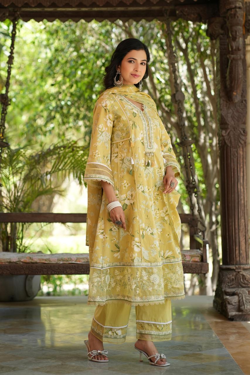 Rutwi Floral Printed Greenish Yellow Pakistani Anarkali Suit Set