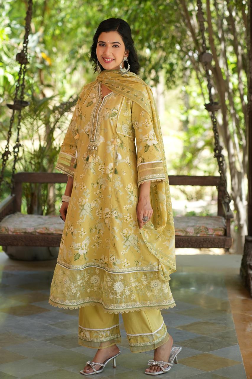 Rutwi Floral Printed Greenish Yellow Pakistani Anarkali Suit Set