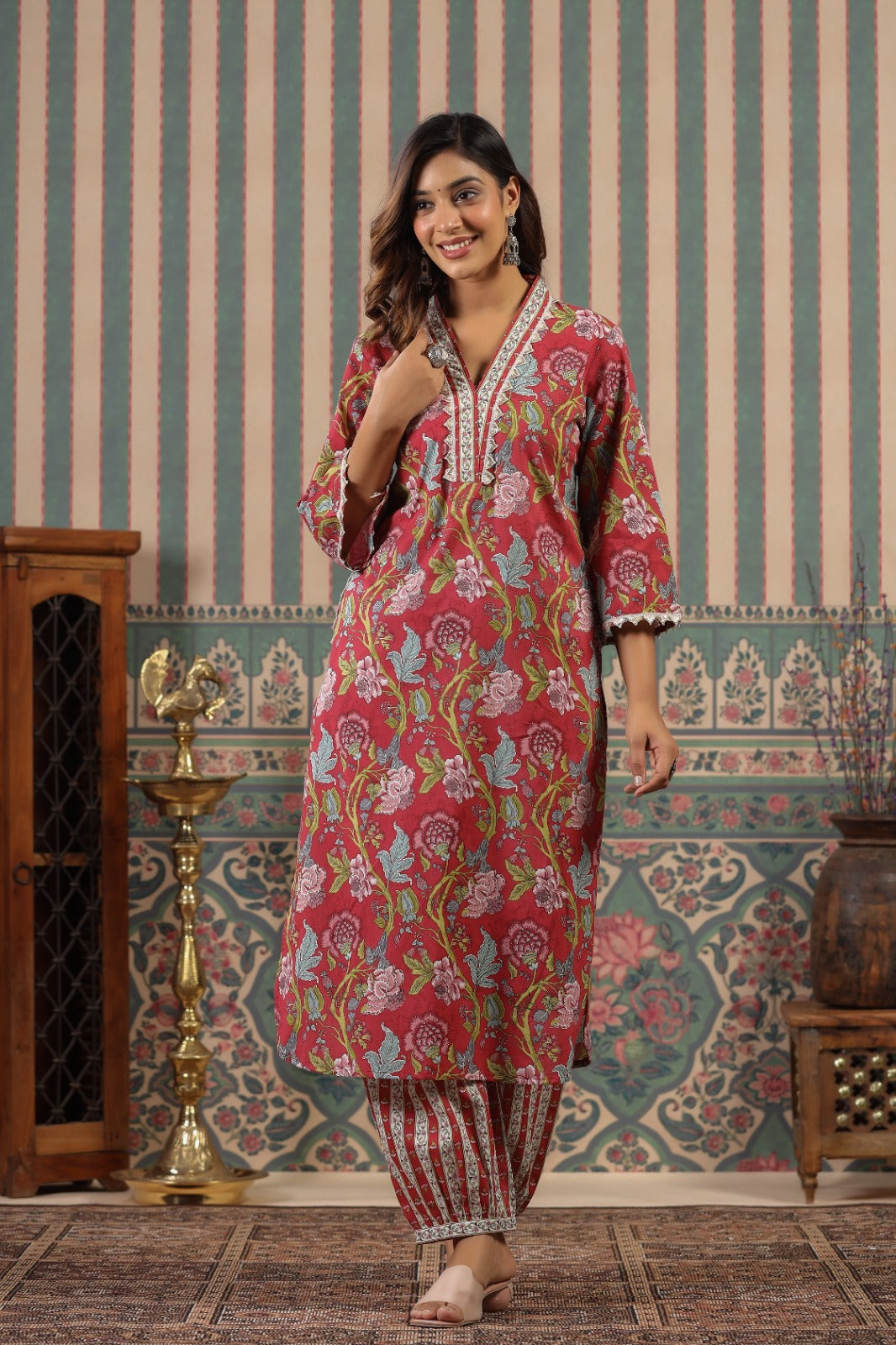 Shehnaz Block Printed Red Pakistani Afghani Co-Ord Set