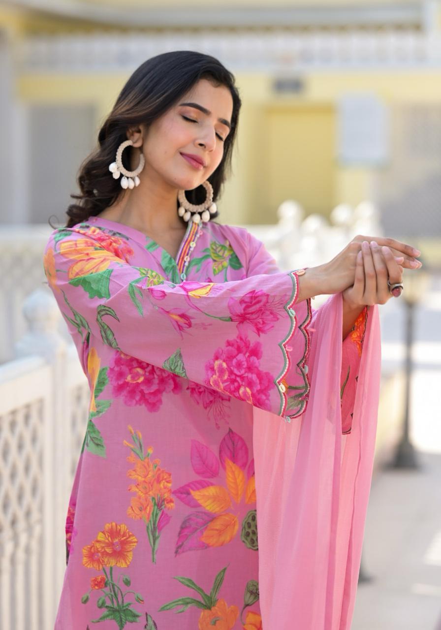 Kasturi Floral Printed Pink Pakistani Straight Suit Set