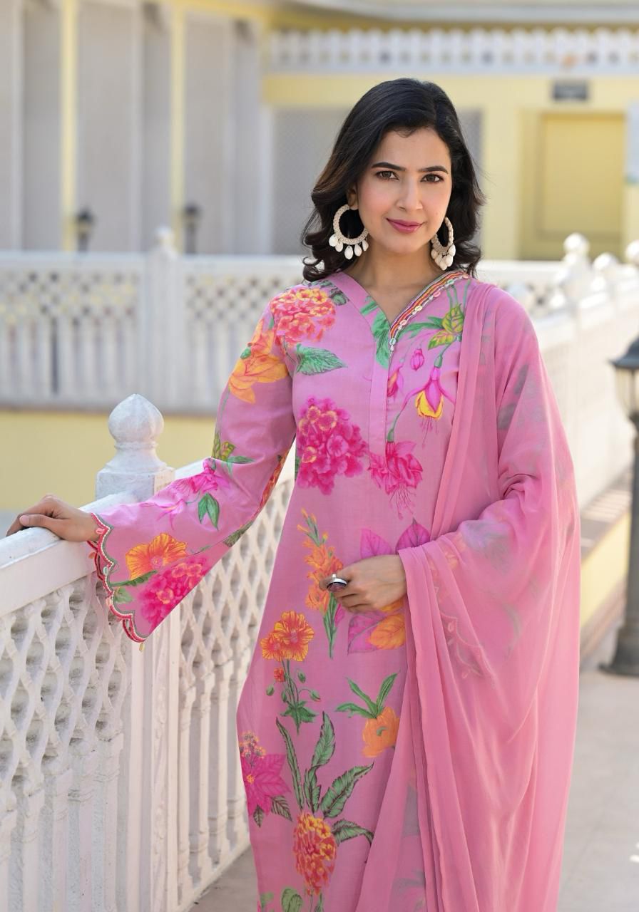 Kasturi Floral Printed Pink Pakistani Straight Suit Set