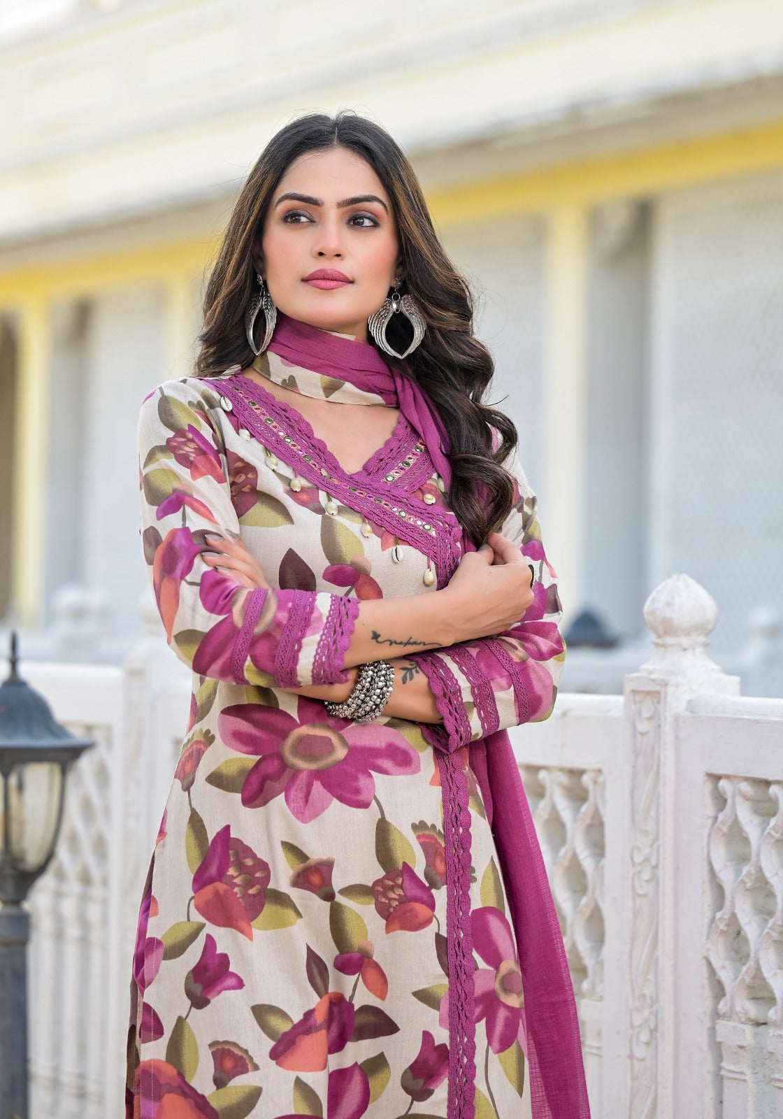 Navya Floral Printed Angrakha Style Wine Suit Set