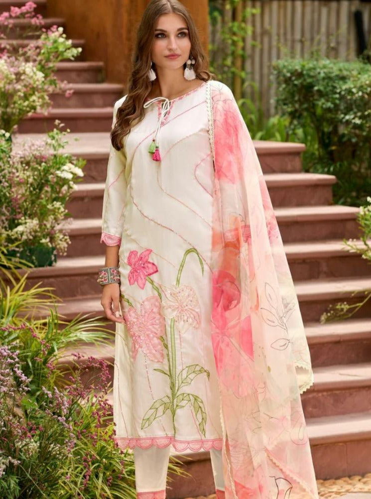 Rutwi Floral Embroidered White Straight Suit Set