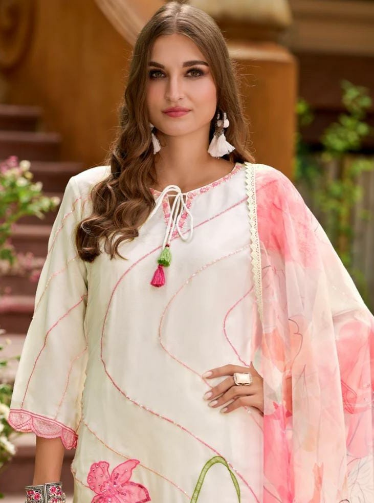 Rutwi Floral Embroidered White Straight Suit Set