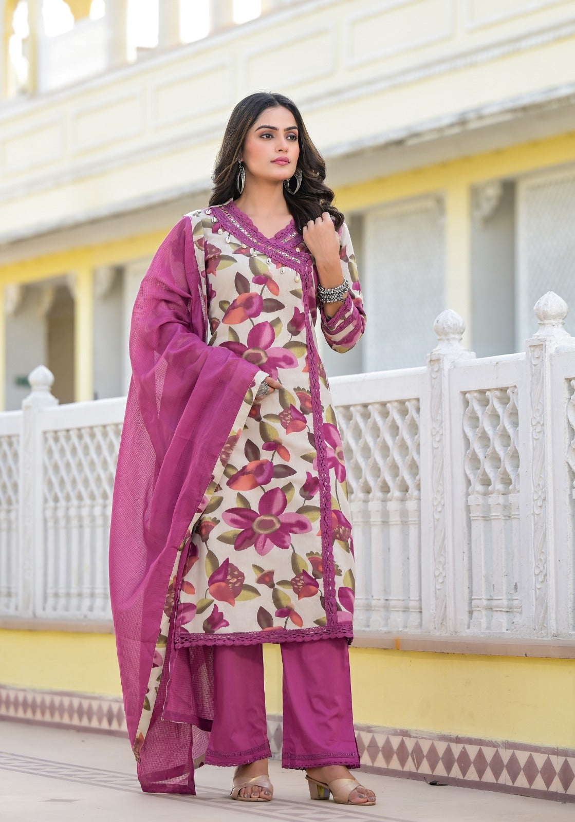 Navya Floral Printed Angrakha Style Wine Suit Set