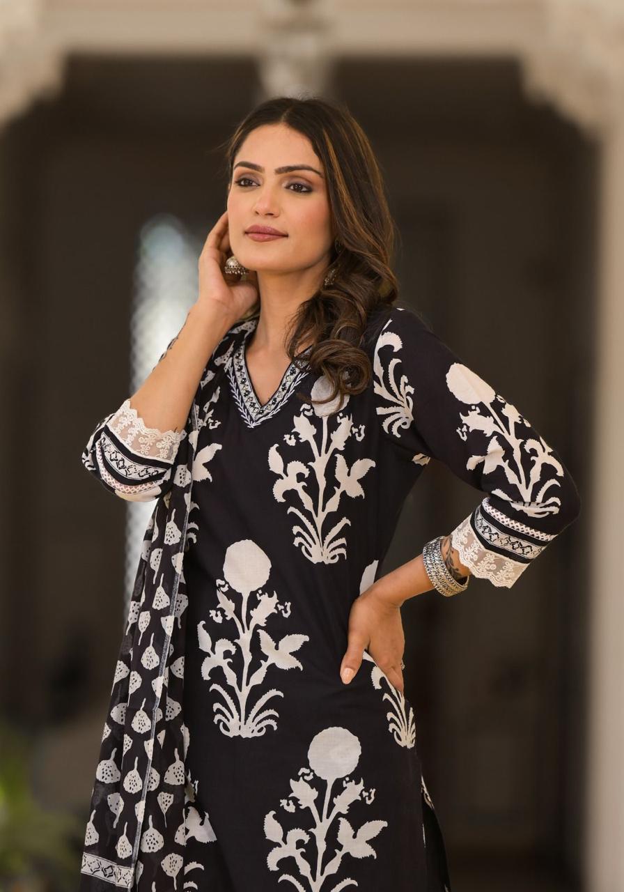 Kasturi Block Printed Black White Pakistani Straight Suit Set